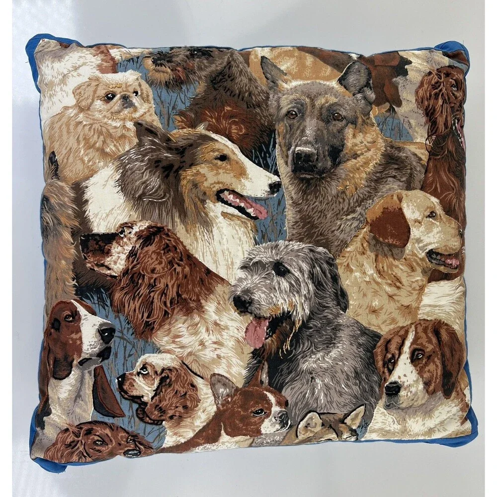 Vintage Fabric Dog All Over Print Decorative Throw Pillow Hand Stitch Detailing